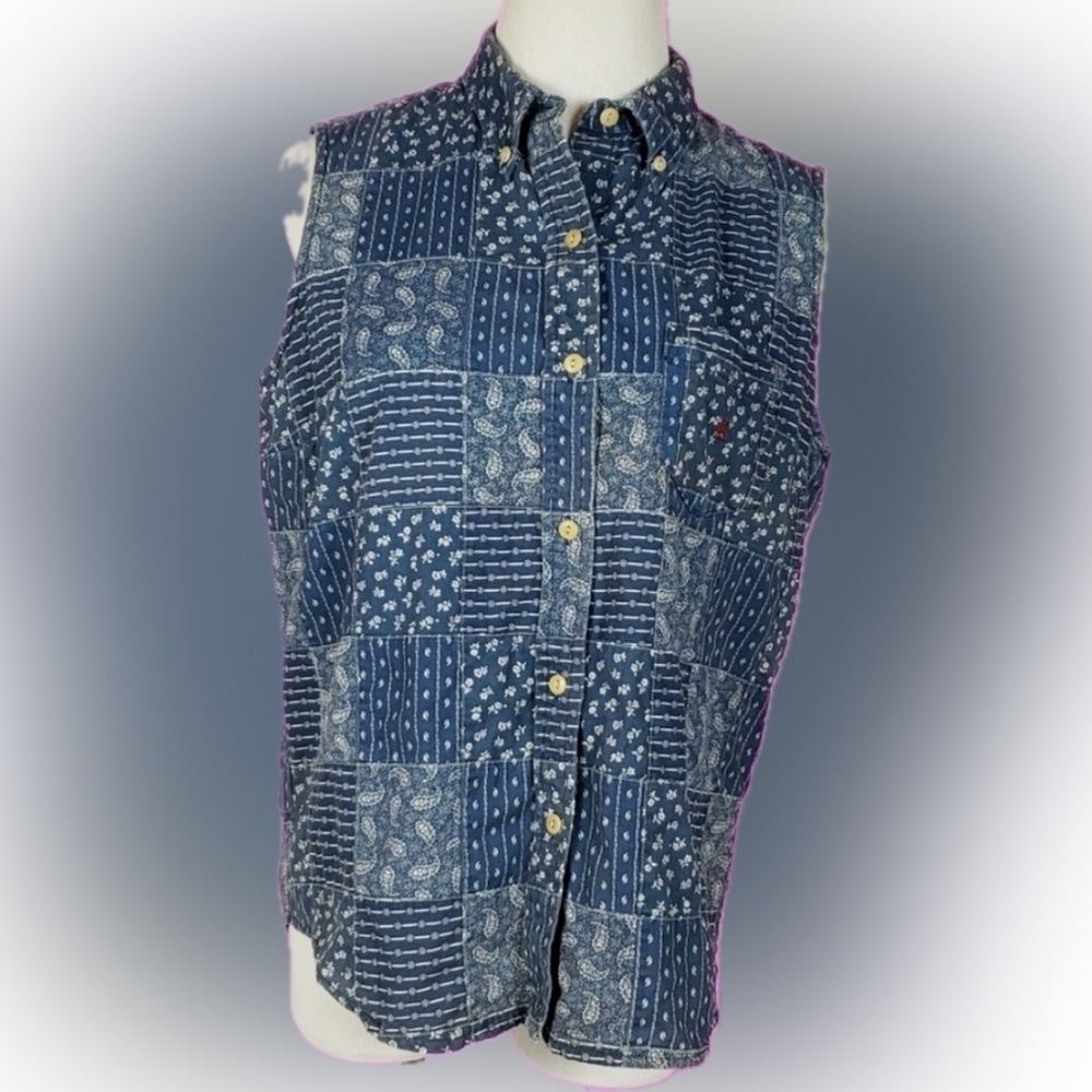 Lauren Ralph Lauren green label sleeveless chambray button front top - Picture 7 of 12